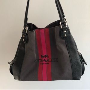 Coach Bag “Edie 31” jacquard stripe. Charcoal and black leather.